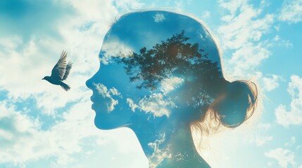  The superimposed image of a free-flying bird against a blue sky in the outline of a young person.