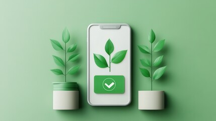 A smartphone displays a plant icon surrounded by green potted plants, representing sustainability and eco-friendly technology.