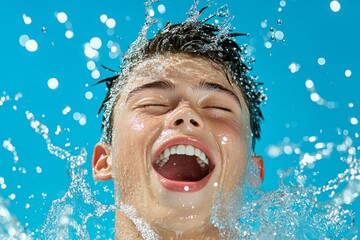 A close-up of a boy laughing while splashing water in a summer pool, droplets sparkling in the sunlight