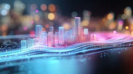 Fototapete - A vibrant, futuristic cityscape depicted with glowing lines and colorful skyscrapers, symbolizing technology and innovation.