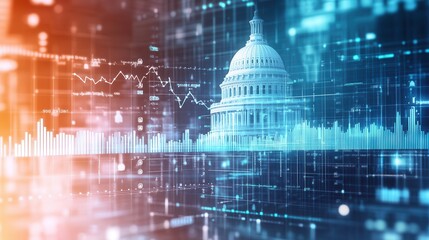 Fototapete - A digital depiction of the U.S. Capitol surrounded by abstract data visualizations, symbolizing the intersection of government and technology.