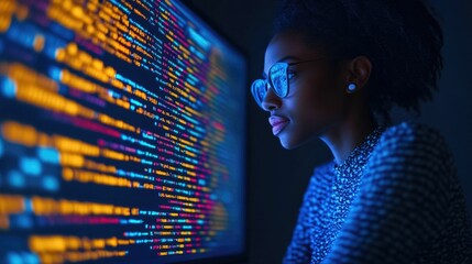 portrait of a female computer programmer working on software development and innovative technology s