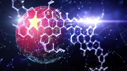 Wall Mural - artistic chemistry hexagon bonds with china sphere flag animation.