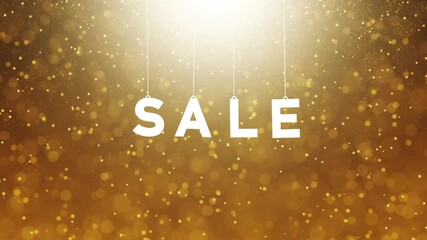 Wall Mural - falling golden glitter particles with swinging sale word seamless loop background.