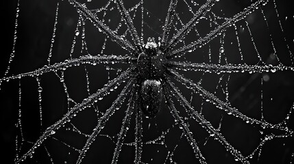 Black and white vector illustration of spider webs on a black background, showing intricate cobweb designs from above.