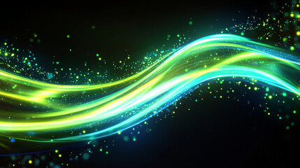 Wall Mural - Bright neon green and blue light ribbons racing across a black background, creating a bold and high-energy digital atmosphere