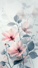 Wall Mural - An elegant minimalist design of flowers with soft curved lines and muted pink petals, surrounded by gentle leaves on a clean light grey backdrop. 8k UHD, suitable for high-quality printing or 