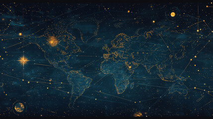 Wall Mural - a starry night sky map. points, lines, and planet shapes create a world map design.