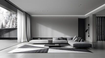 Wall Mural - minimalist living room interior design with a monochrome color scheme, a sleek gray sofa, and a larg