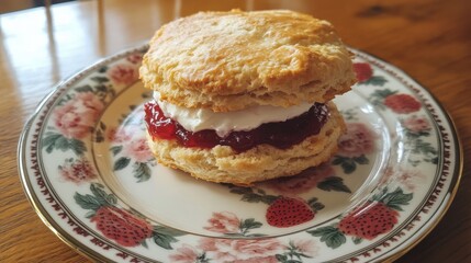 Sticker - Freshly Baked Biscuit with Strawberries and Whipped Cream on a Floral Plate Showcasing Delicious Dessert Presentation Ideal for Culinary and Food Photography