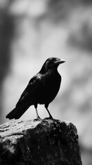 Poster - Majestic Crow: A Black and White Portrait of a Wild Bird