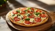 © warunthorn - Freshly Baked Margherita Pizza with Mozzarella, Sliced Tomatoes, and Basil Leaves on a Wooden Serving Board in Natural Light Setting