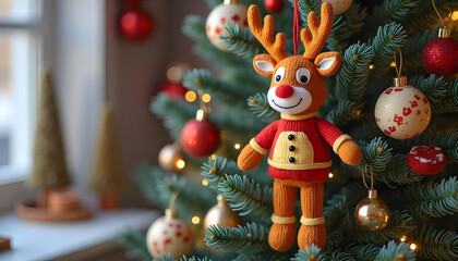 Wall Mural - Knitted reindeer doll hanging on Christmas tree, surrounded by festive ornaments and lights, creating joyful holiday atmosphere