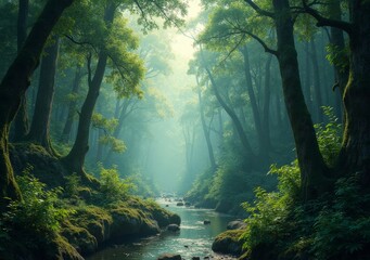 Wall Mural - Exploring a serene forest with a gentle stream and soft sunlight in the morning