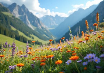 Wall Mural - Colorful wildflowers bloom in a mountainous landscape during a sunny day