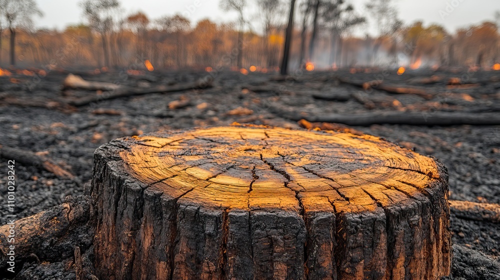 Scorched earth and blackened tree stumps reveal the devastating