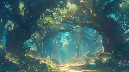 Wall Mural - an enchanted trail lined with towering trees that seem to whisper secrets to those who pass by their