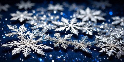 Wall Mural - magical white snowflakes over glitter blue dark background