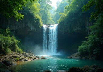 Wall Mural - Captivating waterfall cascading into serene turquoise pool surrounded by lush greenery