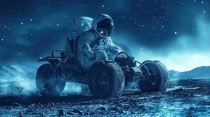 Wall Mural - astronaut driving lunar rover under starlit sky