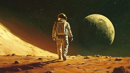 Wall Mural - astronaut walks on alien planet towards distant orb