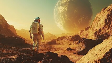 Wall Mural - astronaut exploring alien planet rocky landscape