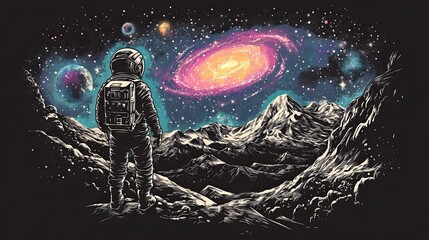 Wall Mural - astronaut gazing at a cosmic galaxy from mountainous terrain