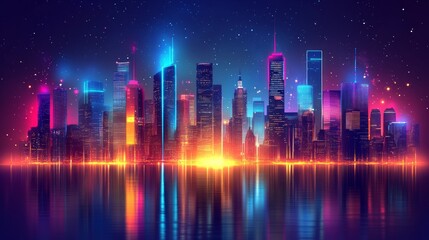 Wall Mural - vibrant neon cityscape at night reflecting on calm water.