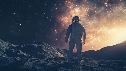 Wall Mural - astronaut stands on alien planet gazing at stars