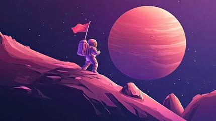 Wall Mural - astronaut plants flag on alien planet near giant orb