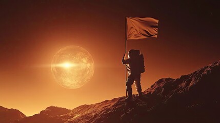 Wall Mural - astronaut plants flag on alien planet landscape