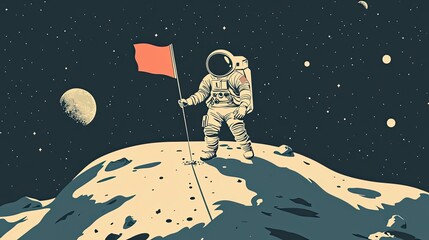 Wall Mural - astronaut plants flag on lunar surface among stars