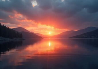 Wall Mural - Sunset reflects on calm lake surrounded by mountains during twilight hours