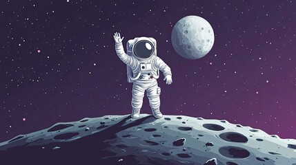 Wall Mural - astronaut waves from a cratered moon surface in space