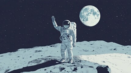 Wall Mural - astronaut waving on lunar surface underneath a full moon