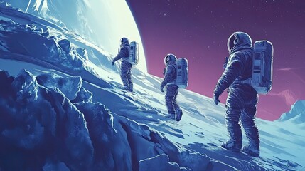 Wall Mural - astronauts trek across icy alien planet landscape