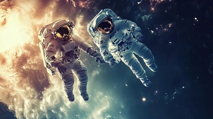 Wall Mural - two astronauts floating in space amidst nebulae