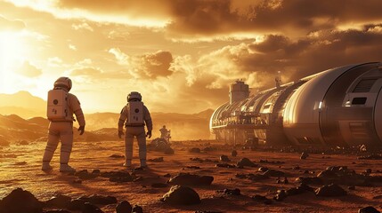 Wall Mural - astronauts explore martian habitat at sunset