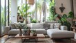 © Yaiza Canvas - Contemporary Comfort Living Room with Modular Sofa, Wooden Coffee Table, and Tropical Plants