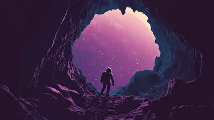 Wall Mural - astronaut exploring alien cave planet landscape