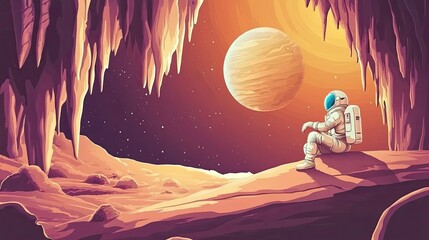 Wall Mural - astronaut contemplates alien planet from cave