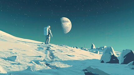 Wall Mural - astronaut on a frosty planet gazing at a distant moon