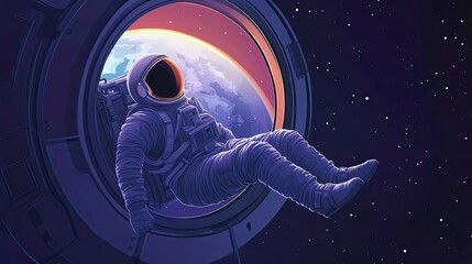 Wall Mural - astronaut gazing at earth from spacecraft window
