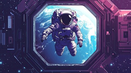 Wall Mural - astronaut floating outside space station viewing earth