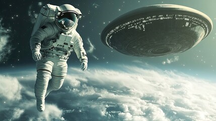 Wall Mural - astronaut encounters unidentified flying object above earth