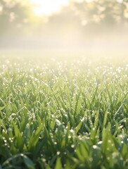 Misty morning light reveals intricate details of wet spring grass, landscape, intricate, details