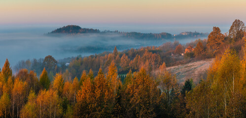 Wall Mural - frosty and misty sunrise in the autumn mountains of southern poland