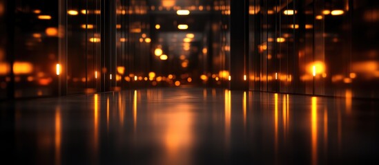 blurred perspective of an illuminated office corridor showcasing modern workspace technology and pro