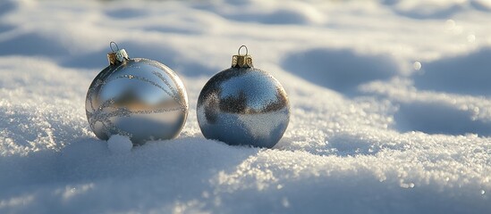 Wall Mural - silver christmas ornaments resting on a bed of fresh snow glistening in soft winter light creating a