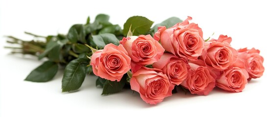 Sticker - Elegant bouquet of coral roses with fresh green leaves and a blank greeting card for various occasions